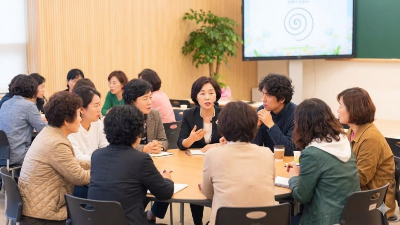 둥근 탁자에 둘러앉아 함께 이야기를 나누는 소그룹 모임
